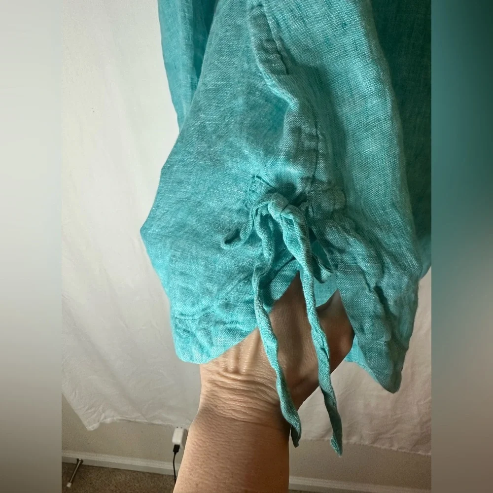 ISAAC MIZRAHI 100% Linen Side Tie Tunic Popover Top Beachy Turquoise M #711 - Picture 3 of 6